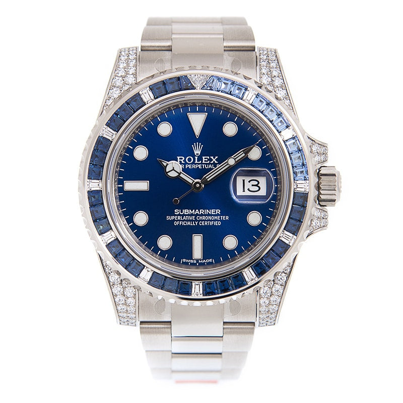 Montre Rolex Submariner en or blanc 18 carats avec cadran bleu et lunette en diamants 