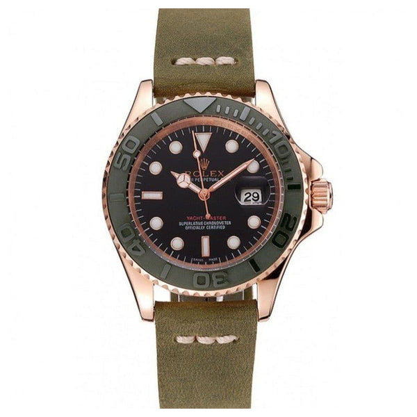 Rolex Yacht-Master Black Dial Green Bezel Rose Gold Case Green Leather Bracelet 1453862