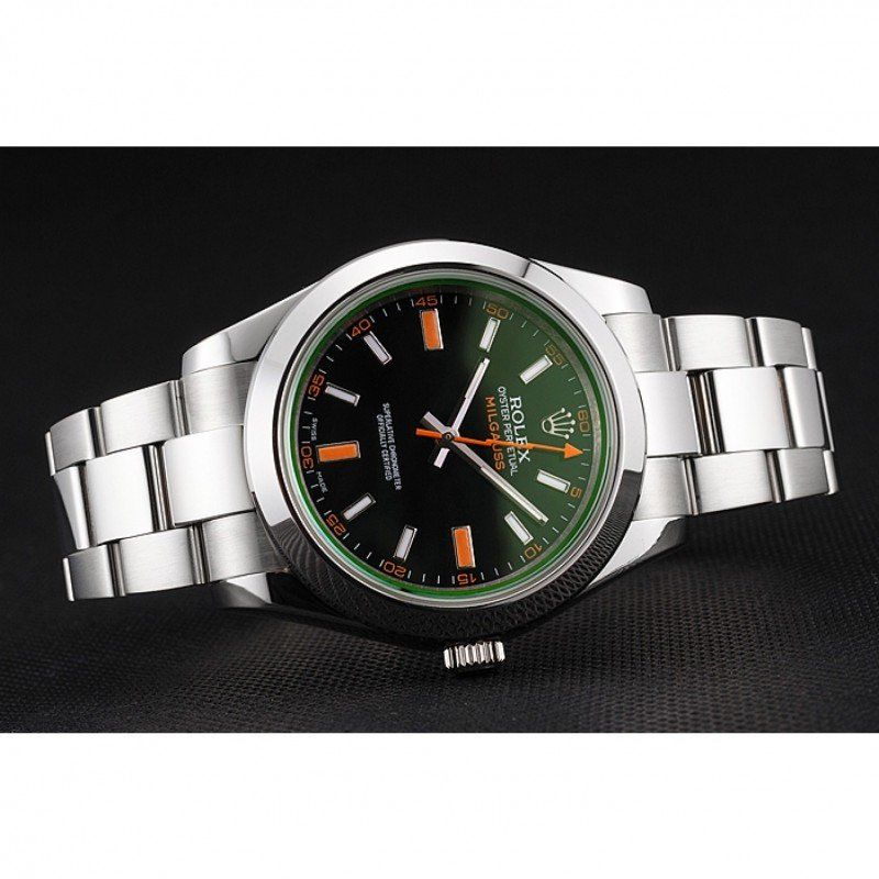 Rolex Milgauss Herrenuhr, schwarzes Zifferblatt, orangefarbene Markierungen, Edelstahlgehäuse, 41 mm 