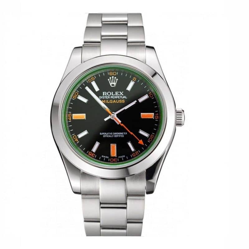 Rolex Milgauss Herrenuhr, schwarzes Zifferblatt, orangefarbene Markierungen, Edelstahlgehäuse, 41 mm 