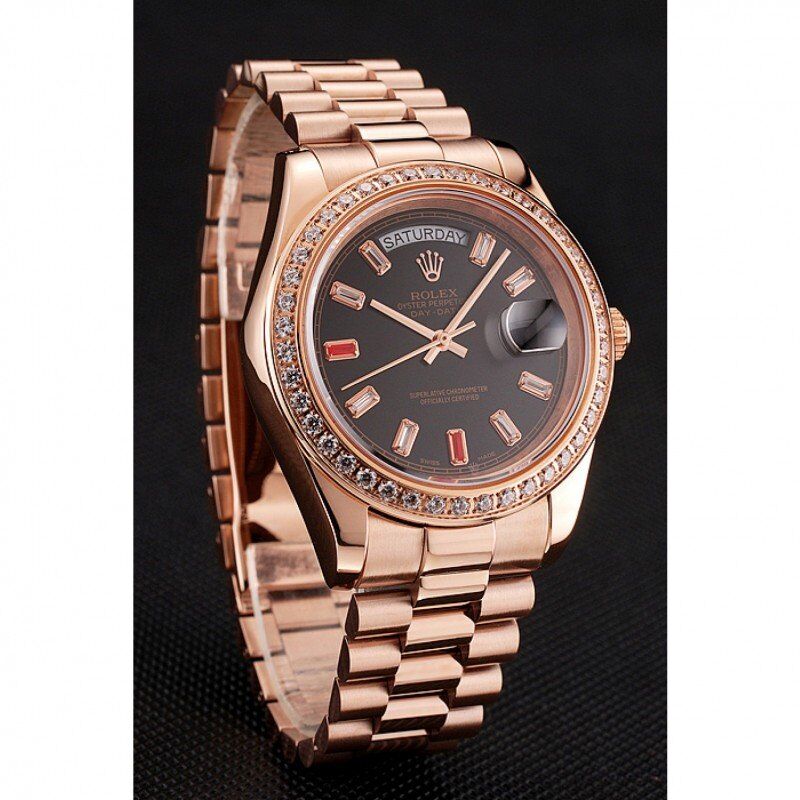 Montre suisse Rolex Day-Date avec diamants et rubis, cadran noir et bracelet en or rose 1454102 