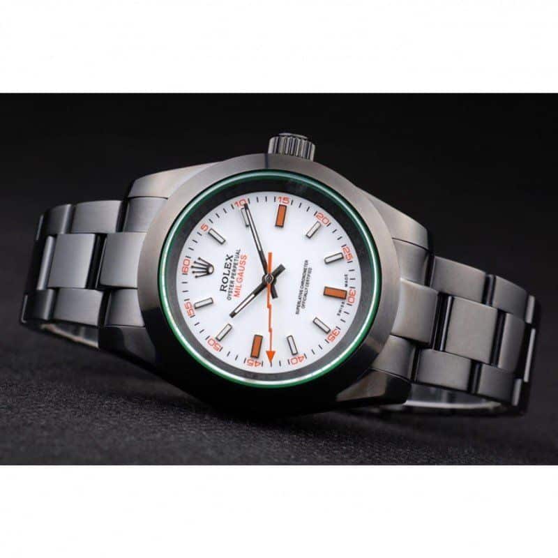 Montre Rolex Milgauss Pro-Hunter pour homme avec cadran blanc et saphir teinté vert PR116610 40 mm 