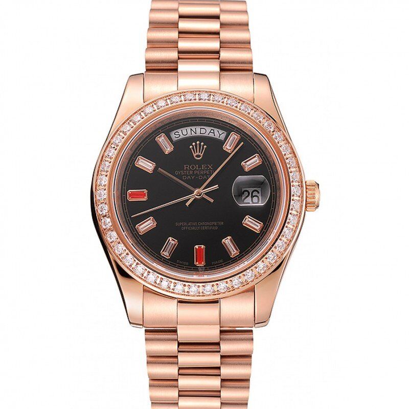 Montre suisse Rolex Day-Date avec diamants et rubis, cadran noir et bracelet en or rose 1454102 